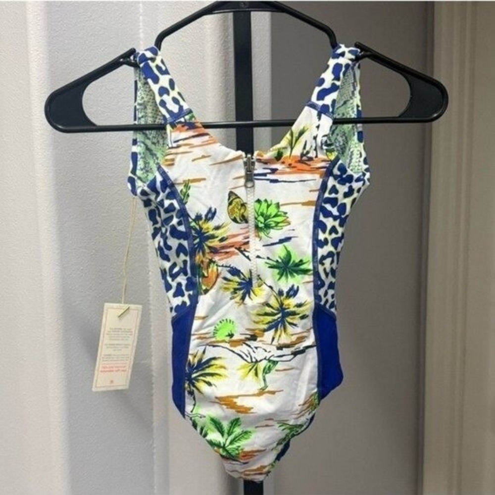 Maaji Girls One Piece NWT Swim Swimsuit Palm Leopard Blue Green Suit Size 6 •